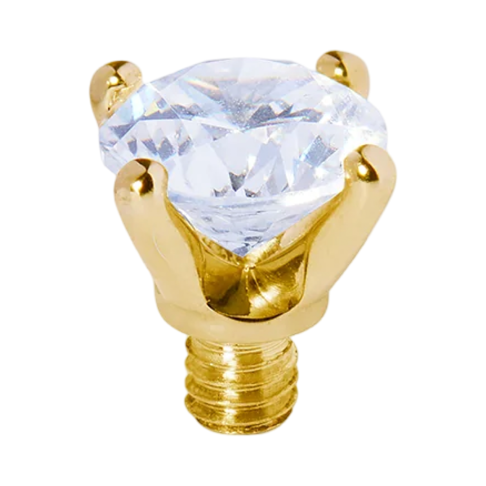 Gold-colored jewelry piece with a clear gemstone on a white background