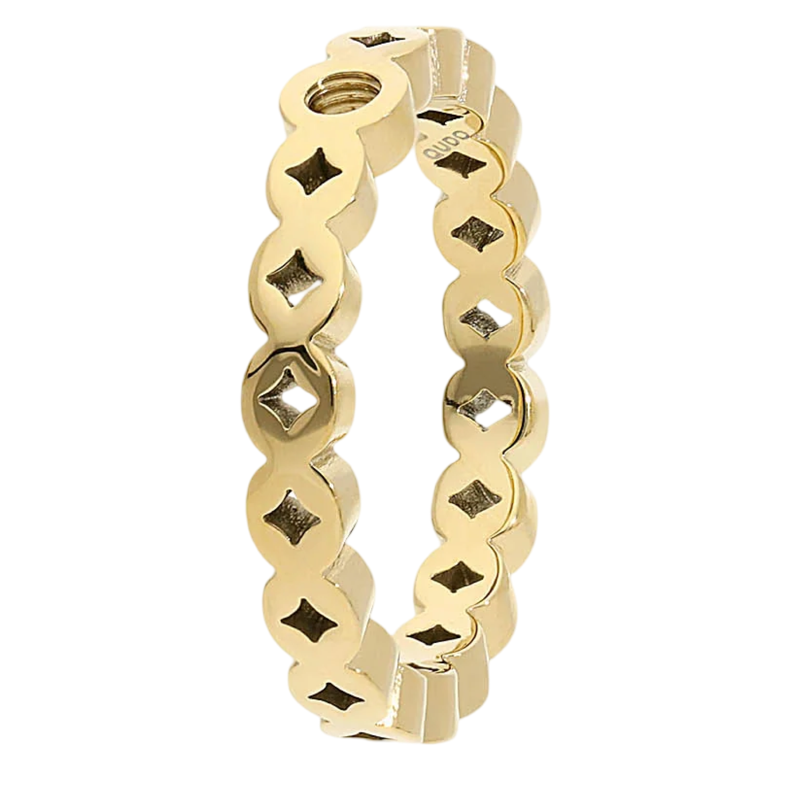 Gold ring with star and diamond pattern on a white background