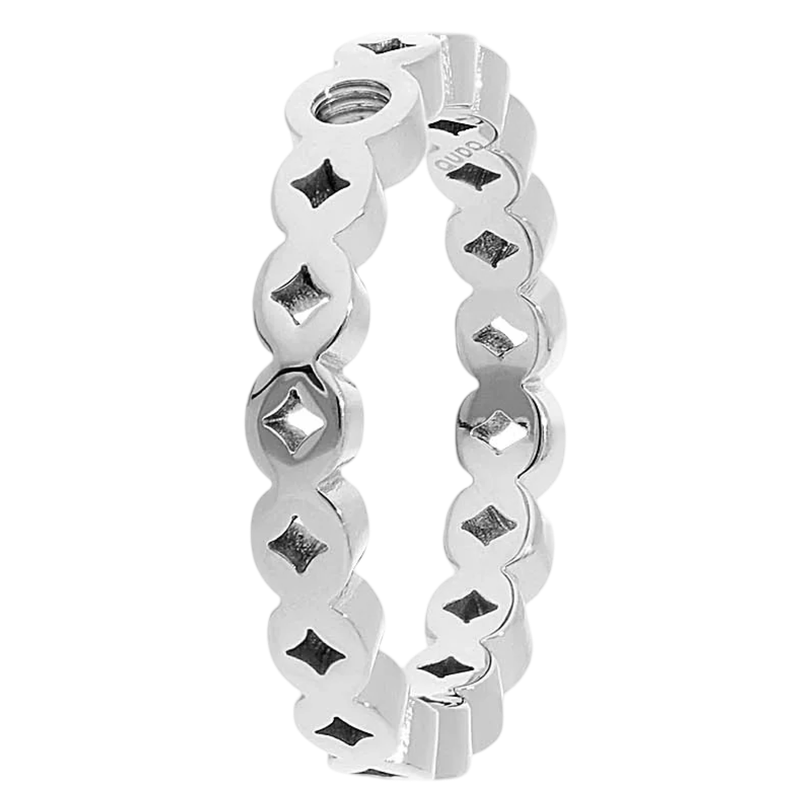 Silver ring with diamond-like inlays on a white background