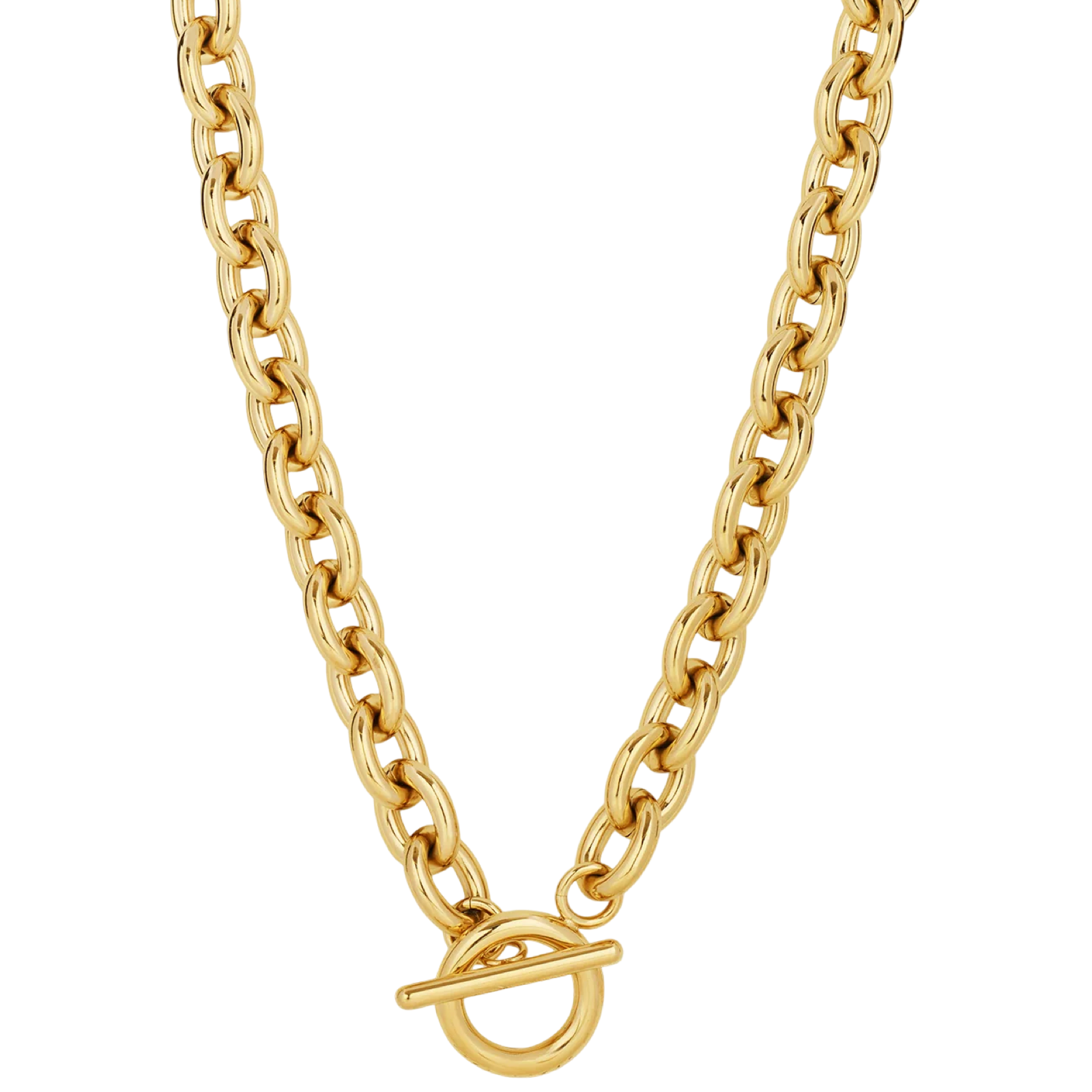 Gold chain necklace with a clasp on a white background