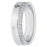 Silver ring with diamond accents on a white background, featuring the brand 'QUDO'.