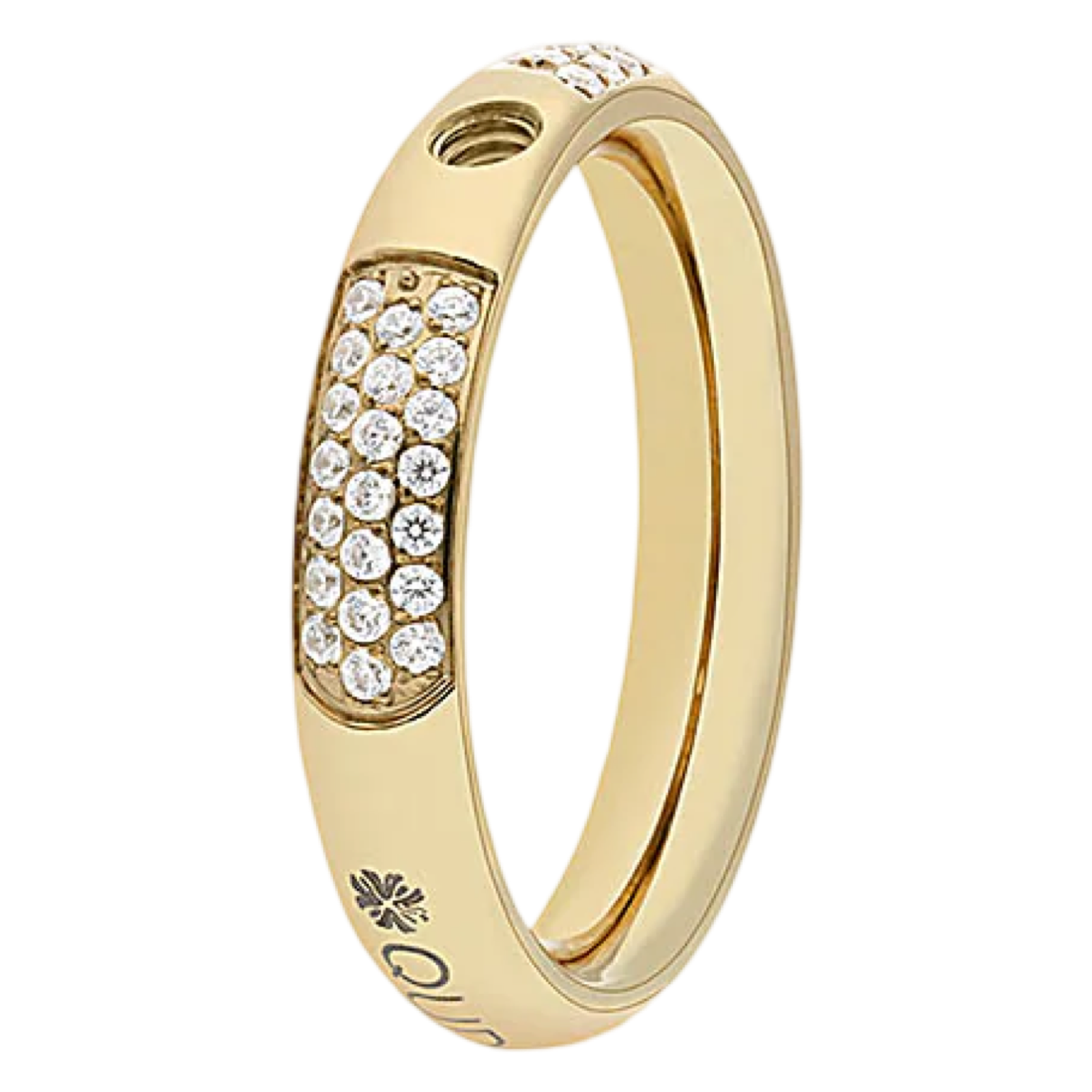 Gold ring with embedded diamonds on a white background