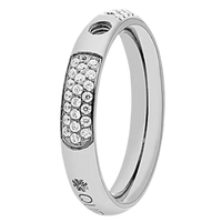 Silver ring with embedded crystals on a white background