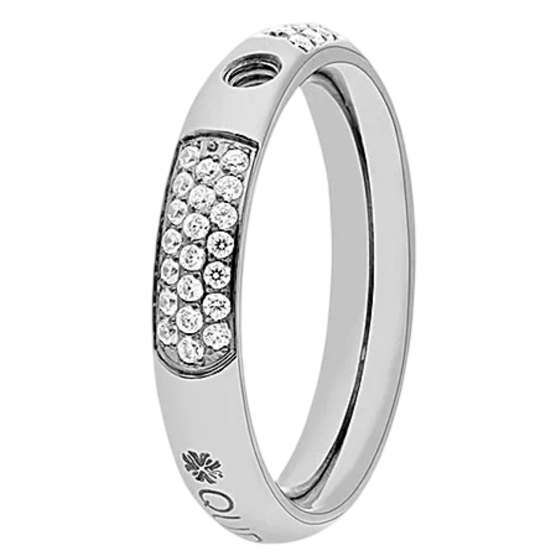 Silver ring with embedded crystals on a white background