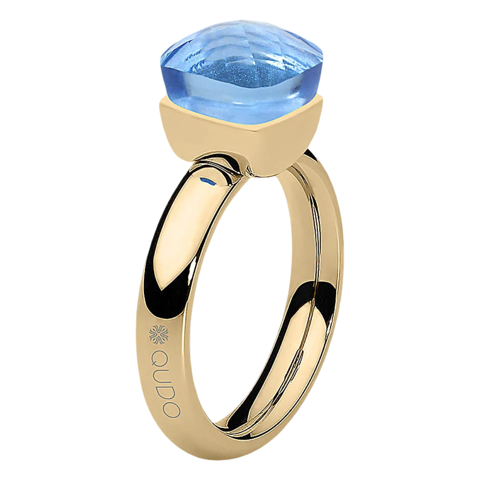 Gold ring with a blue gemstone on a transparent background