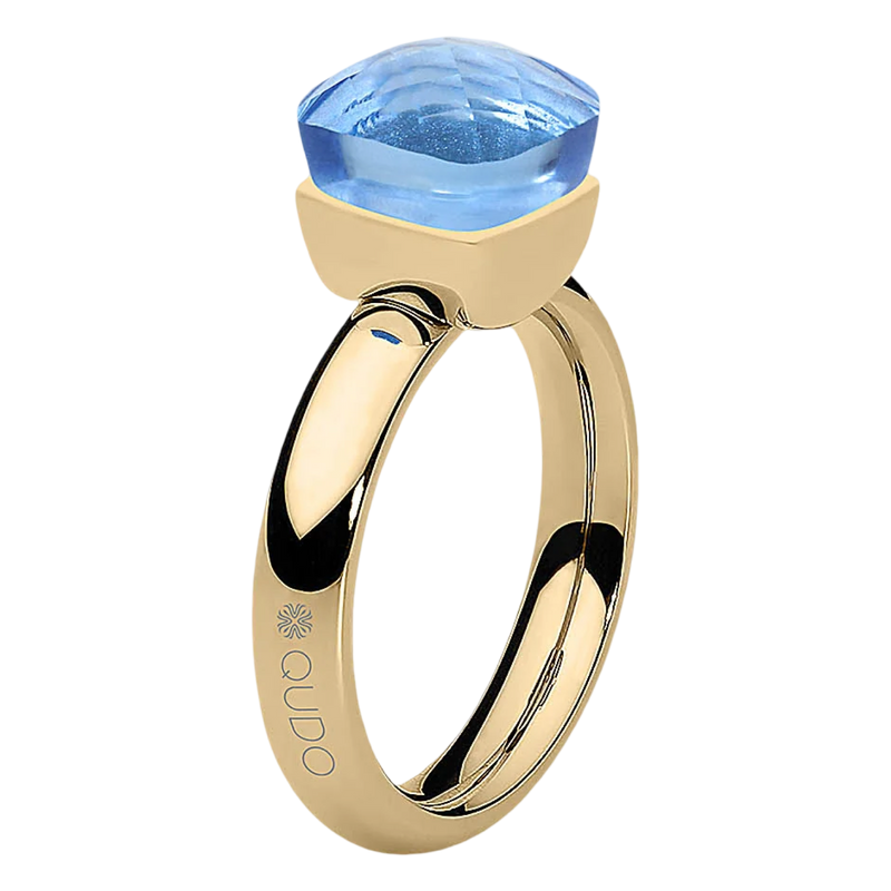 Gold ring with a blue gemstone on a transparent background
