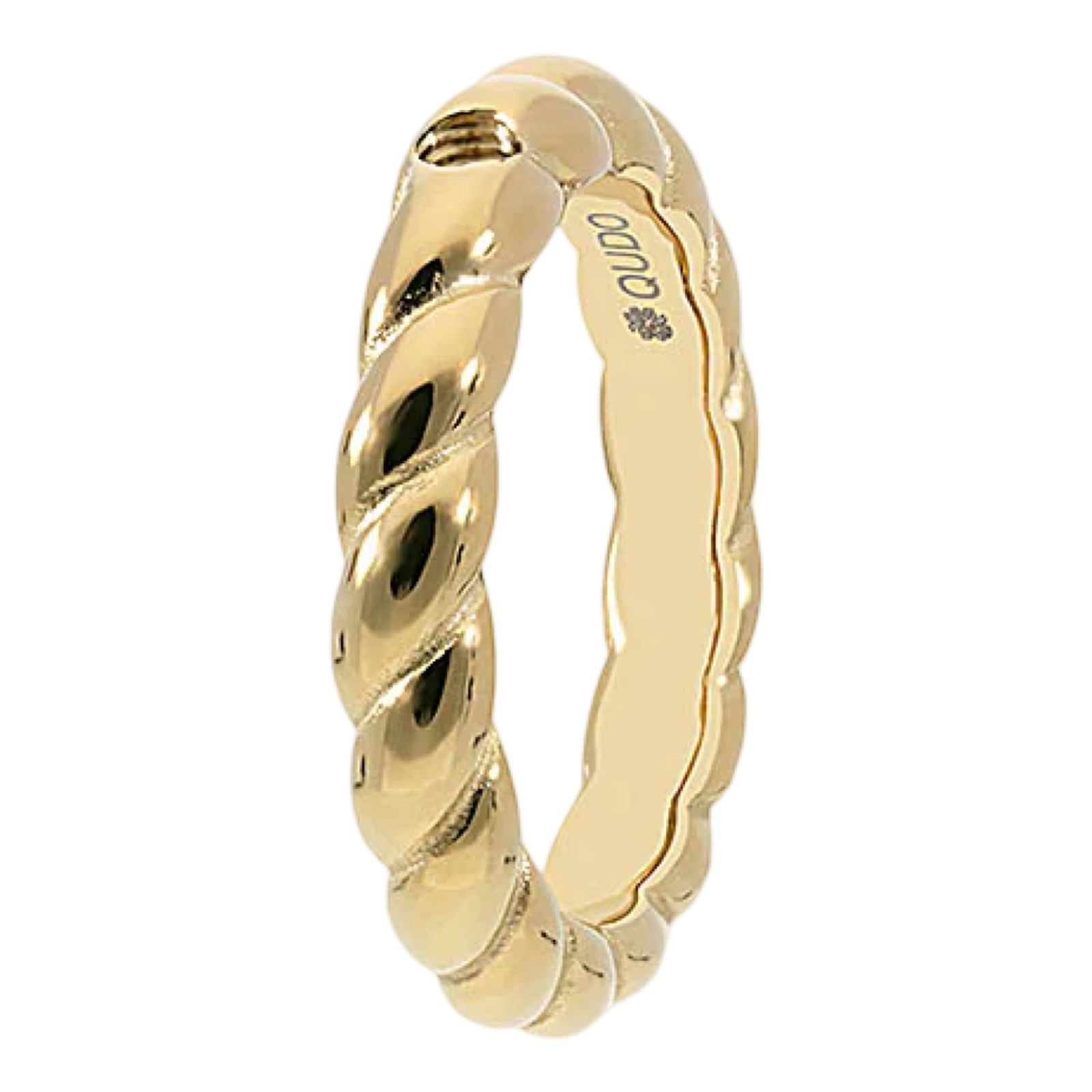 Gold ring with a textured design on a white background