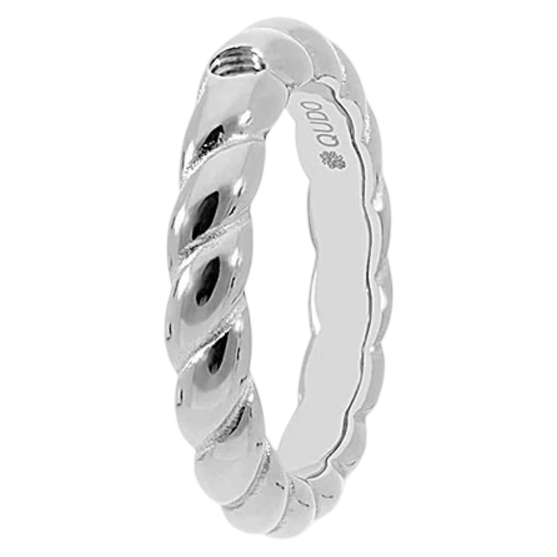Silver ring with a textured design on a white background