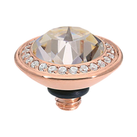 Decorative knob with rose gold rim and clear gemstone on a white background