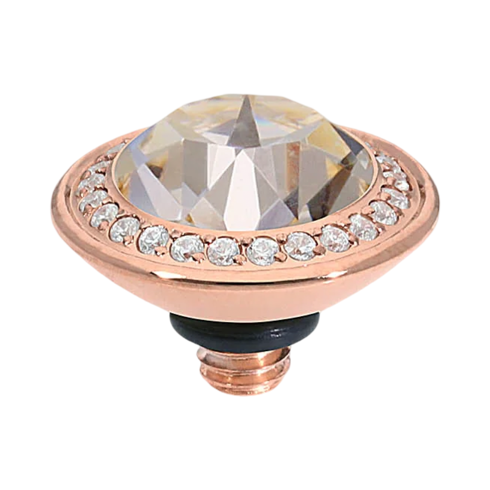 Decorative knob with rose gold rim and clear gemstone on a white background