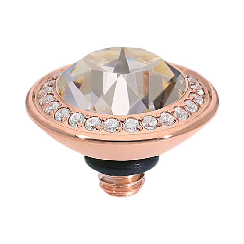 Decorative knob with rose gold rim and clear gemstone on a white background