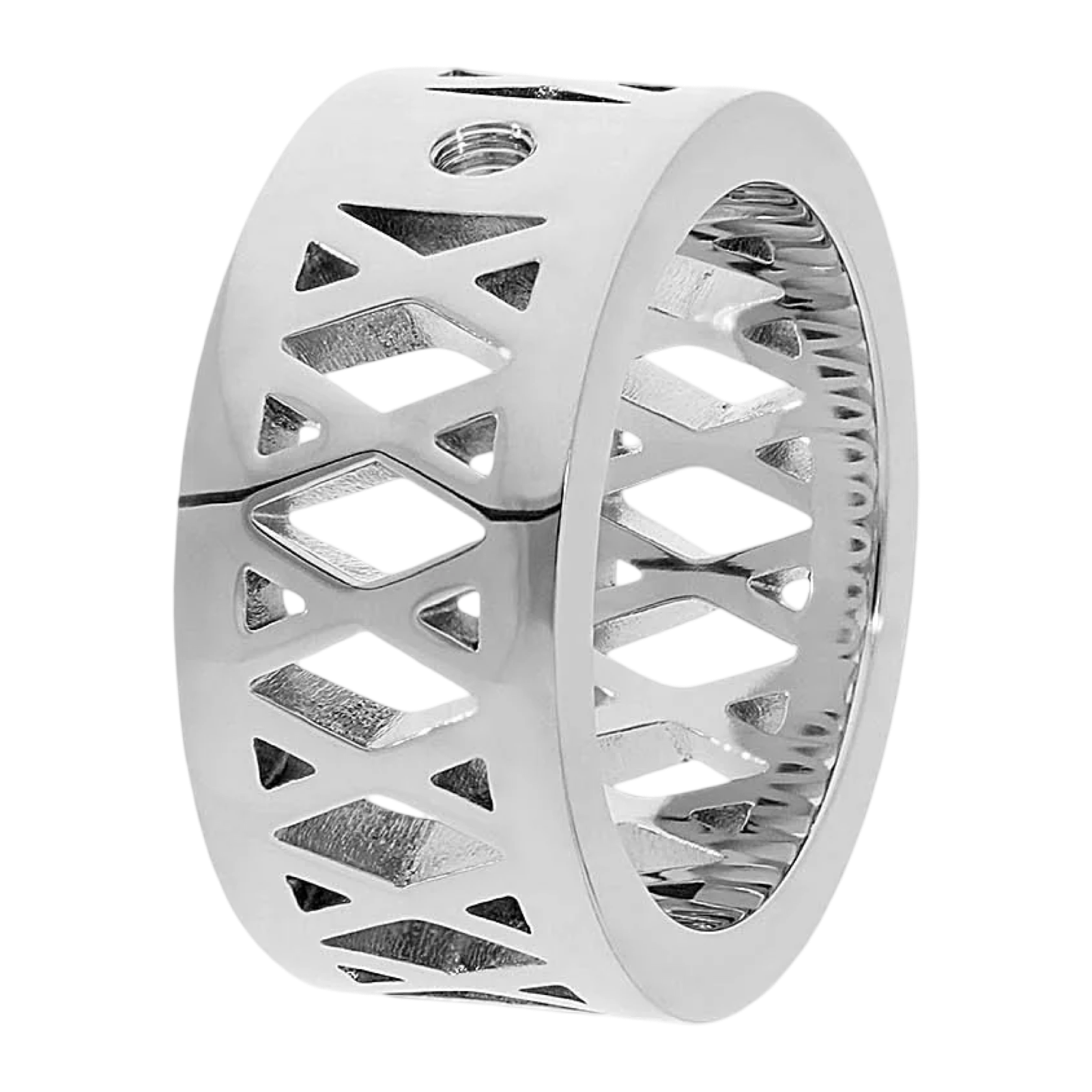 Silver ring with geometric cut-out design on a white background