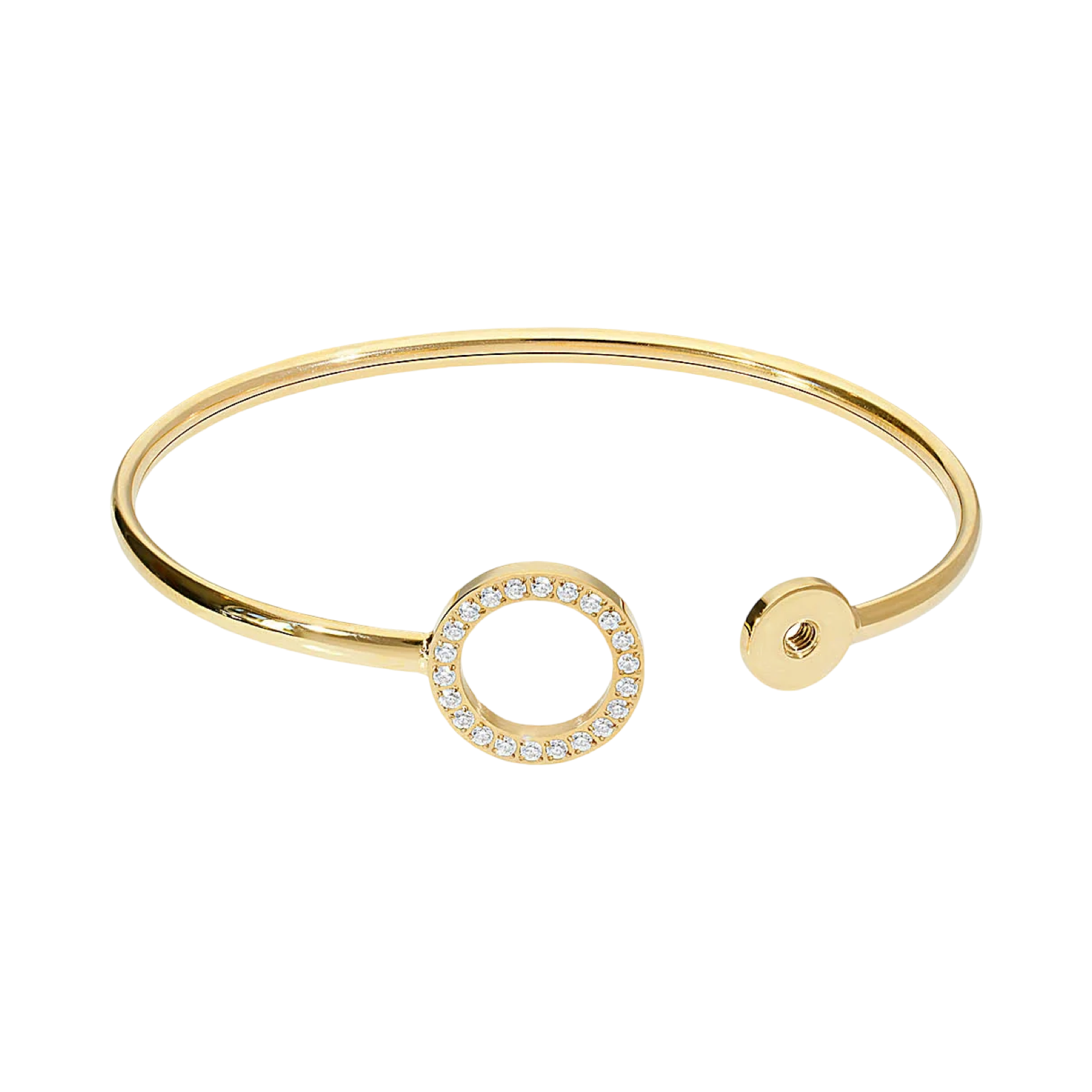 Gold bracelet with a circular design and small stones on a white background