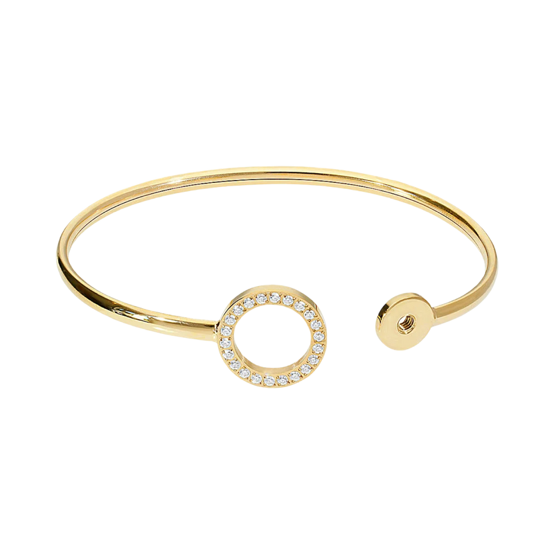 Gold bracelet with a circular design and small stones on a white background
