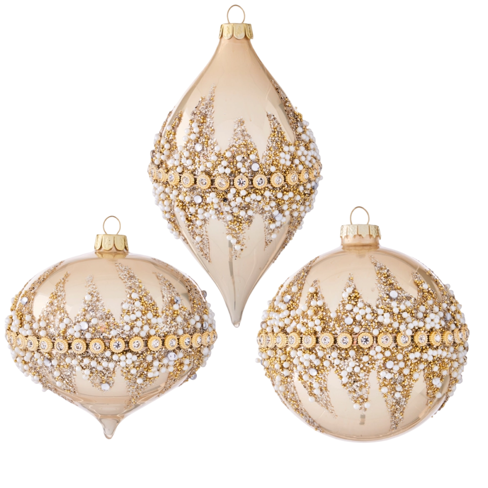 Three decorative Christmas ornaments with gold and pearl patterns on a white background
