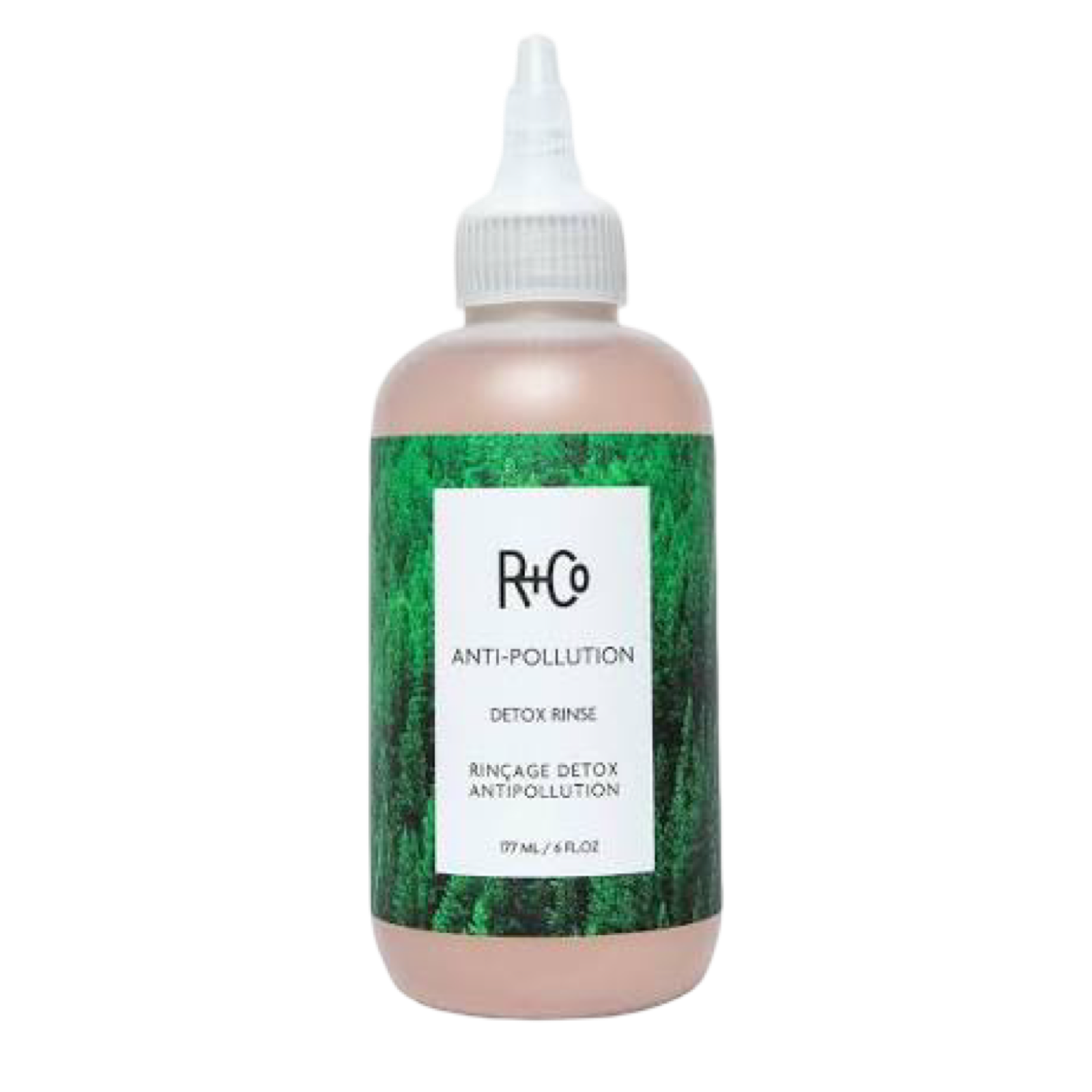 R+Co Anti-Pollution Detox Rinse bottle on a white background