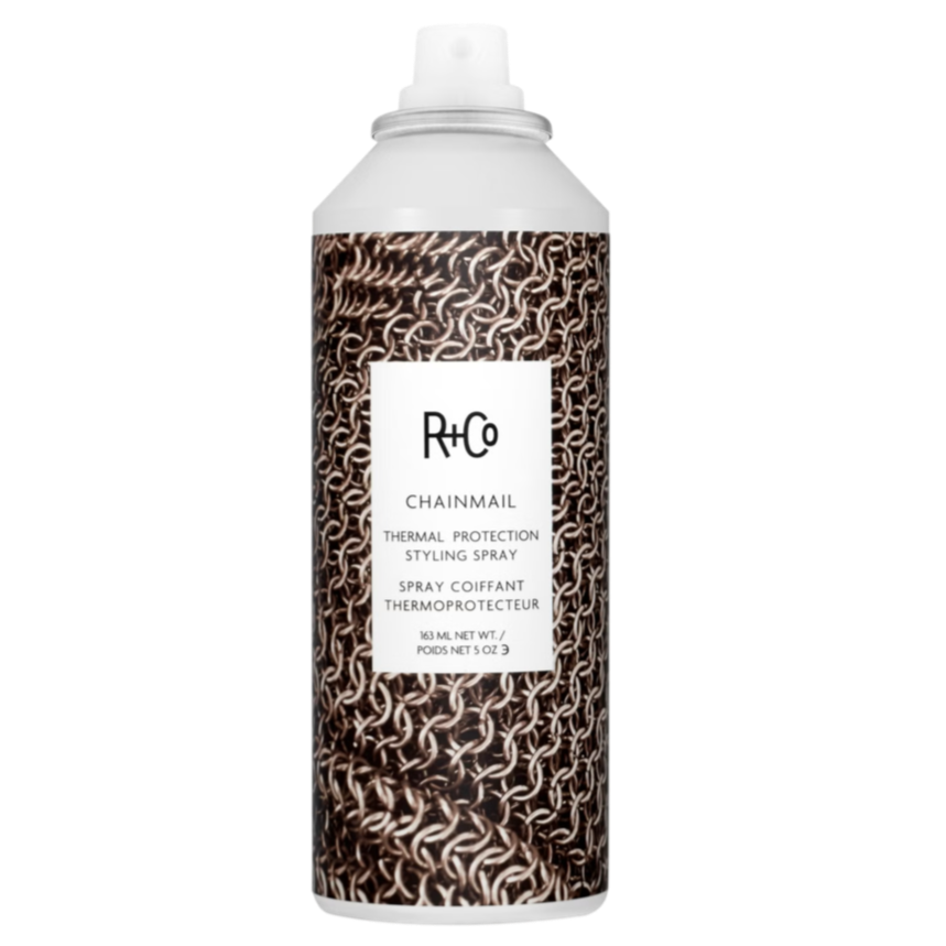 R+Co CHAINMAIL, heat protectant spray, 450 degree heat protection, thermal styling spray, shine-enhancing hair spray, flexible hold hair mist, hair protection from hot tools, styling spray with heat shield, anti-frizz thermal spray, sleek finish hair spray
