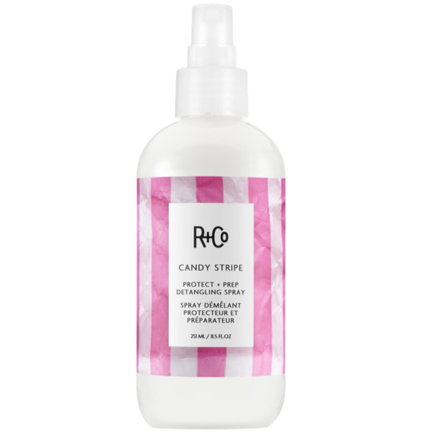 R+Co Candy Stripe Detangle Spray, heat protection spray, detangling leave-in spray, leave-in detangler, hair prep spray, nourished hair, smooth hair, protect hair from damage, detangle and hydrate, 450-degree heat protection.