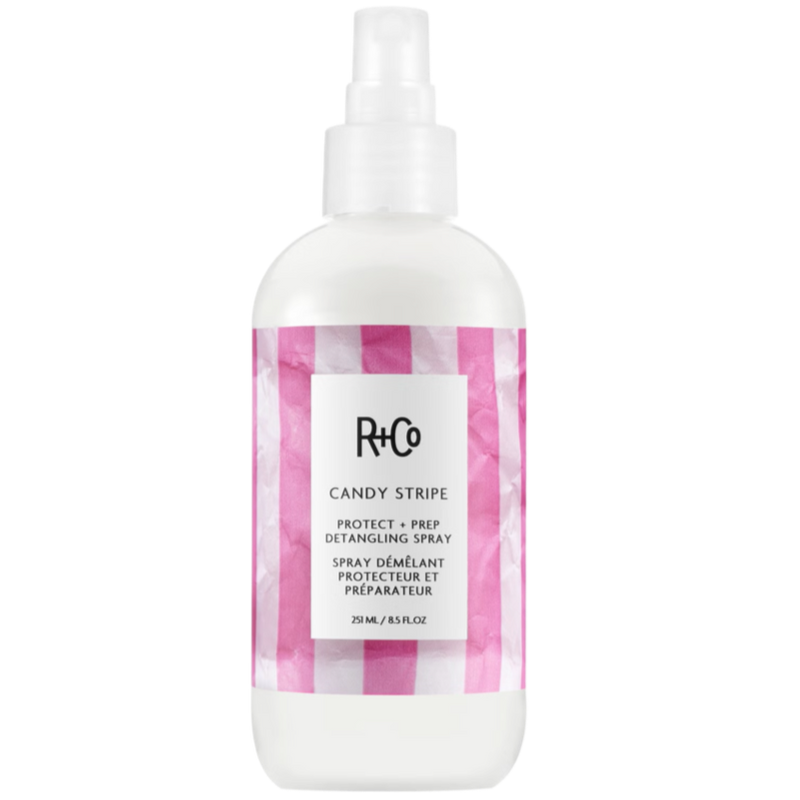 R+Co Candy Stripe Detangle Spray, heat protection spray, detangling leave-in spray, leave-in detangler, hair prep spray, nourished hair, smooth hair, protect hair from damage, detangle and hydrate, 450-degree heat protection.