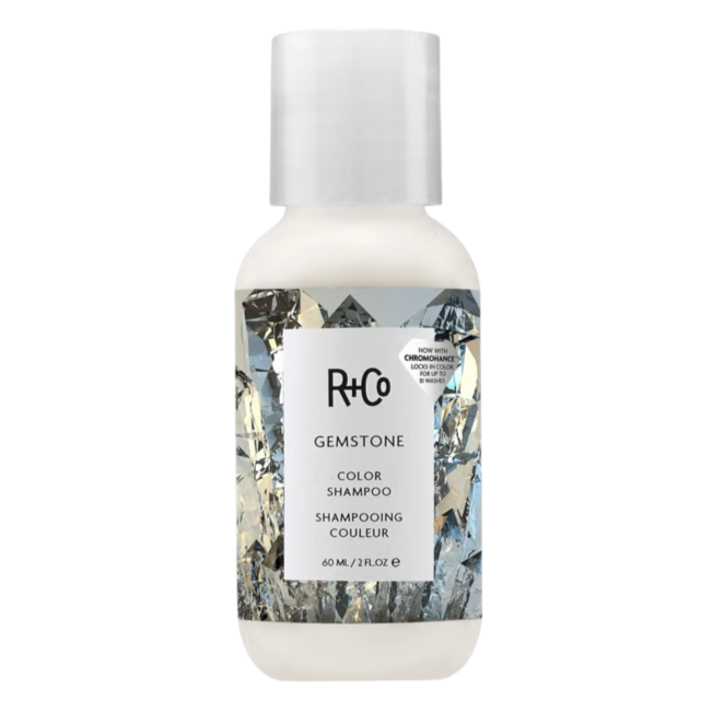 R+Co Gemstone shampoo mini, color-safe travel shampoo, sulfate-free travel shampoo, mini shampoo for color-treated hair, R+Co travel size, shampoo for dyed hair, Gemstone shampoo, hair travel essentials, vegan color care shampoo, travel-friendly shampoo