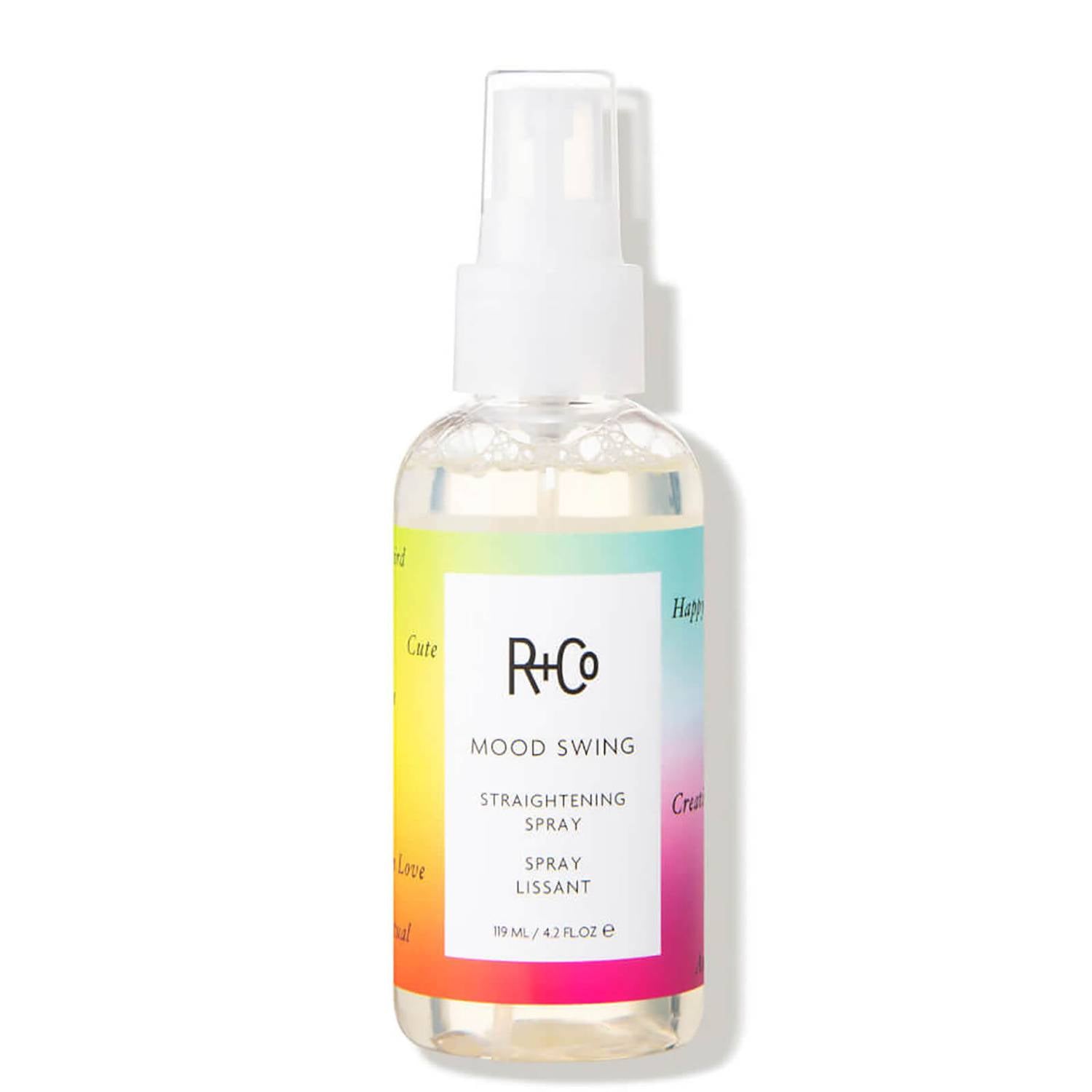 R+Co MOOD SWING spray, straightening spray for curly hair, heat-activated hair smoother, humidity-resistant styling spray, anti-frizz blowout spray, flat iron prep spray, blow dry straightener, wavy hair smoothing spray, sleek finish hair spray, fast styling hair product
