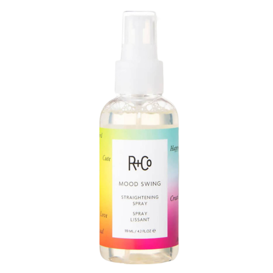 R+Co MOOD SWING spray, straightening spray for curly hair, heat-activated hair smoother, humidity-resistant styling spray, anti-frizz blowout spray, flat iron prep spray, blow dry straightener, wavy hair smoothing spray, sleek finish hair spray, fast styling hair product