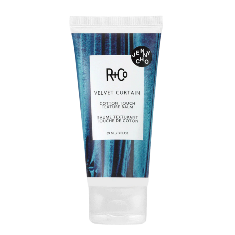 R+Co VELVET CURTAIN balm, dry styler for second day hair, matte texture hair balm, light hold styling balm, soft volume hair product, tousled hair look, dry styling cream, touchable hold texture balm, piecey hair styling product, effortless hair texture balm