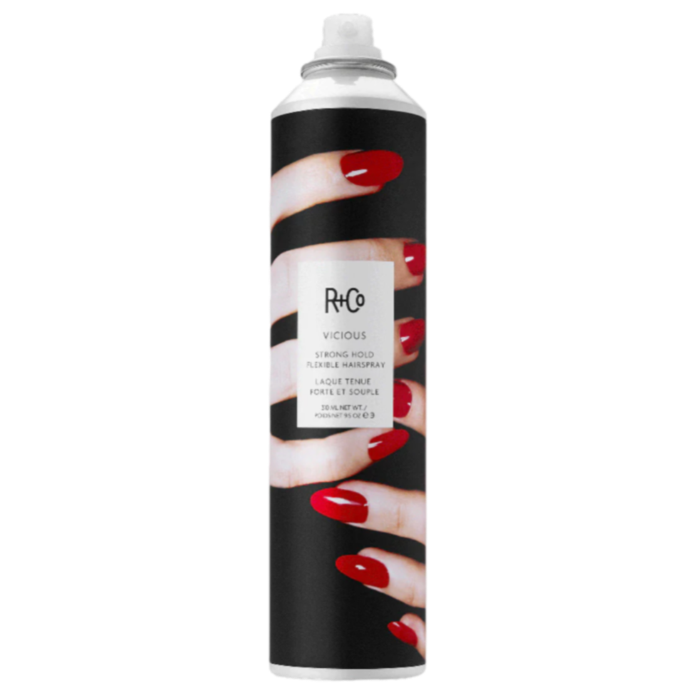 R+Co VICIOUS hairspray, strong hold flexible hair spray, brushable finishing spray, flake-free hair spray, all-night style hold, re-style hairspray, long-lasting hairspray with movement, high hold styling spray, R+Co finishing mist, firm hold hairspray without crunch