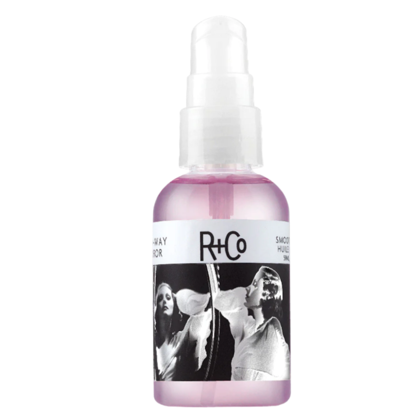 R+Co smoothing oil, TWO-WAY MIRROR hair oil, shine-boosting hair product, frizz control hair oil, lightweight hair serum, hair oil for glossy finish, anti-frizz styling oil, reflective shine hair treatment, smoothing oil for all hair types, weightless hair oil