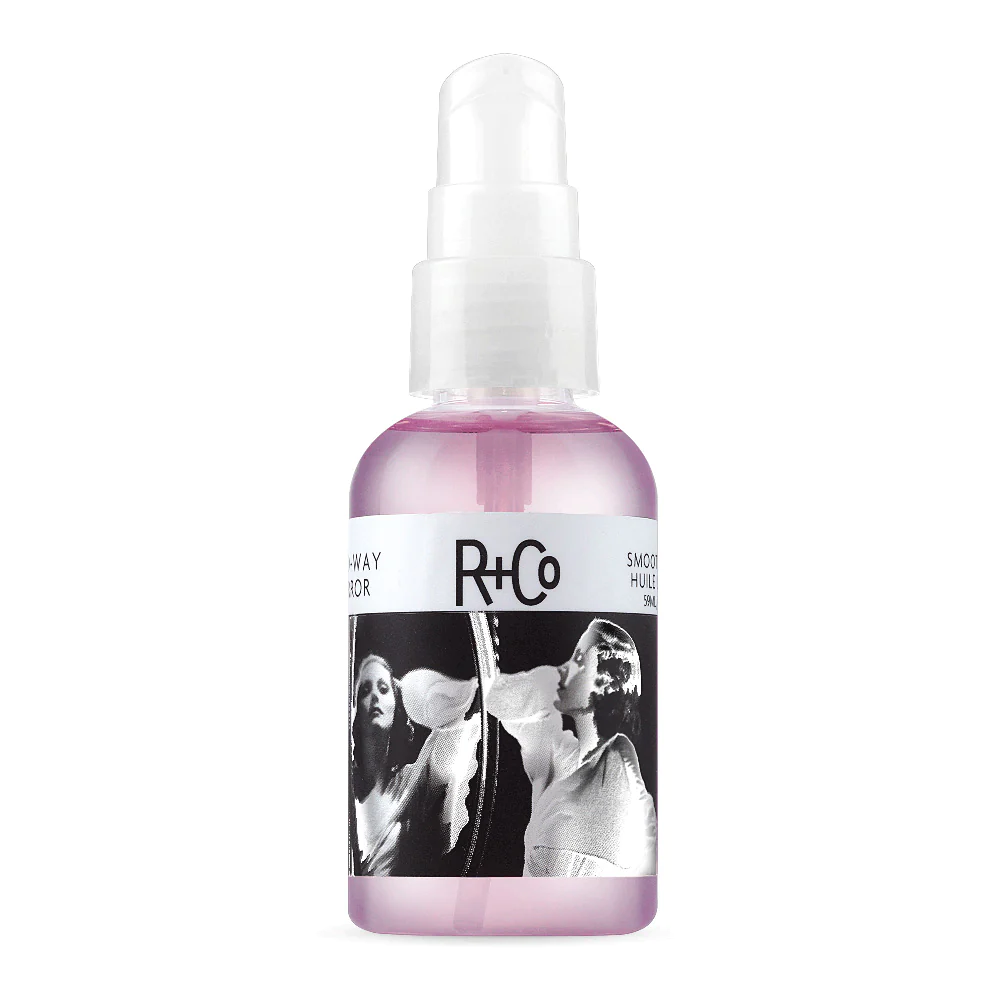 R+Co smoothing oil, TWO-WAY MIRROR hair oil, shine-boosting hair product, frizz control hair oil, lightweight hair serum, hair oil for glossy finish, anti-frizz styling oil, reflective shine hair treatment, smoothing oil for all hair types, weightless hair oil