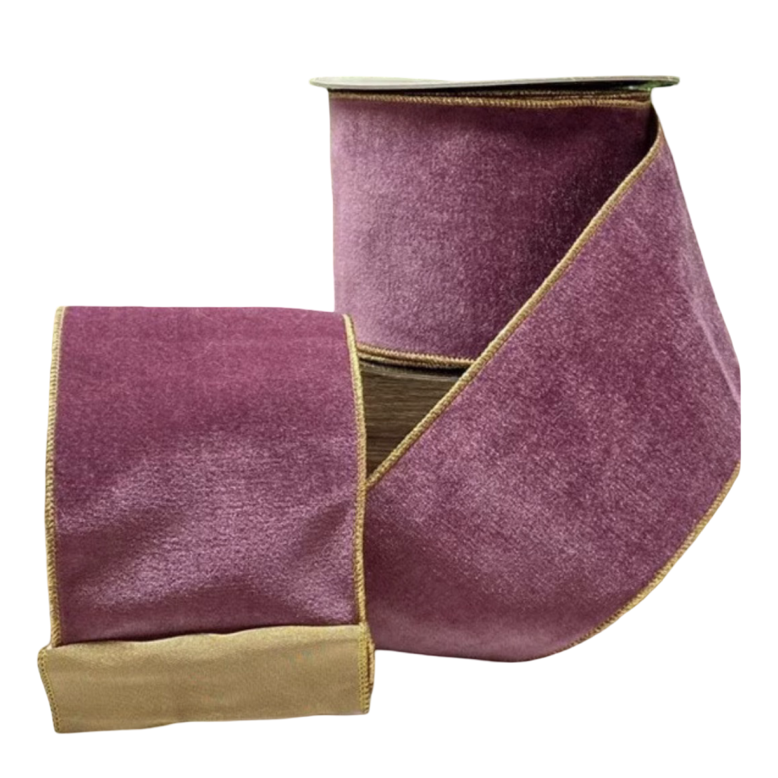 Rich purple velvet ribbon with gold backing and gold edging, 4 inches wide, shown unrolled from a 10-yard spool beside holiday greenery for trees, bows, wreaths, and garlands.
