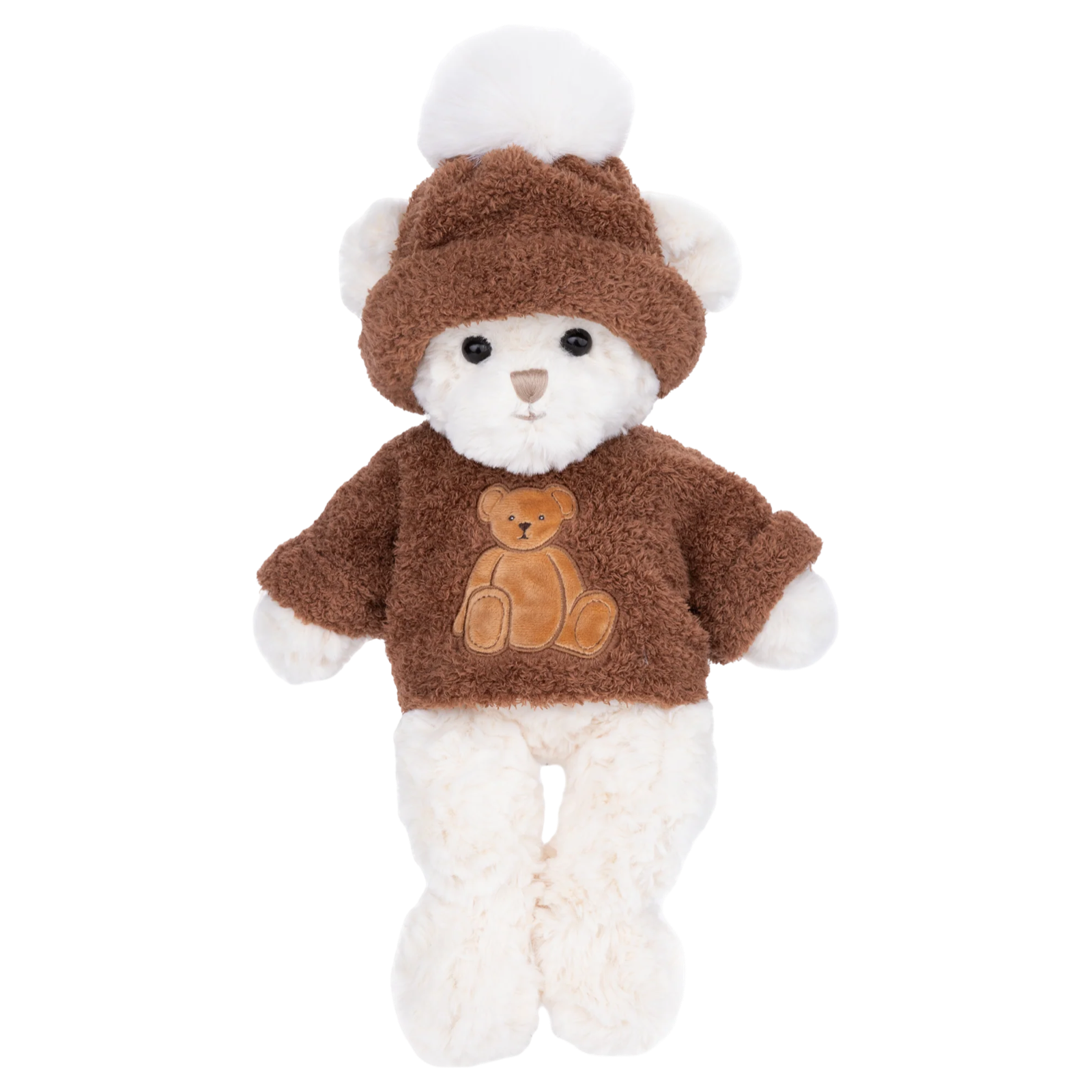 Plush teddy bear wearing a brown sweater with a teddy bear design on a white background