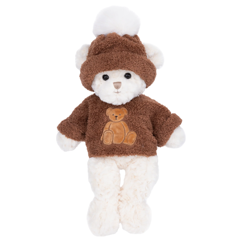 Plush teddy bear wearing a brown sweater with a teddy bear design on a white background