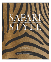 Book cover with zebra print design and text about exceptional African camps and lodges.