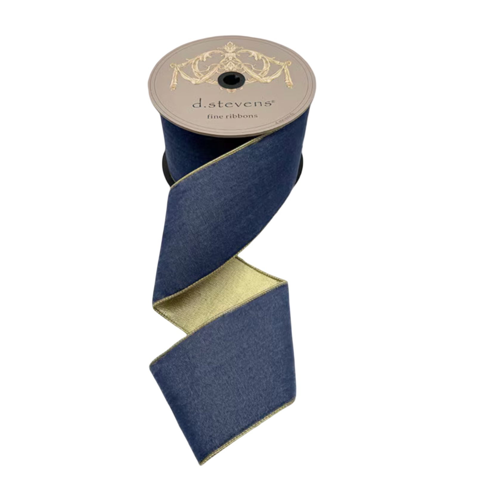 Shop dusty blue lush velvet ribbon with a metallic gold reverse in a 4-inch width and 10-yard spool for Christmas trees, bows, wreaths, garlands, and holiday decorating.