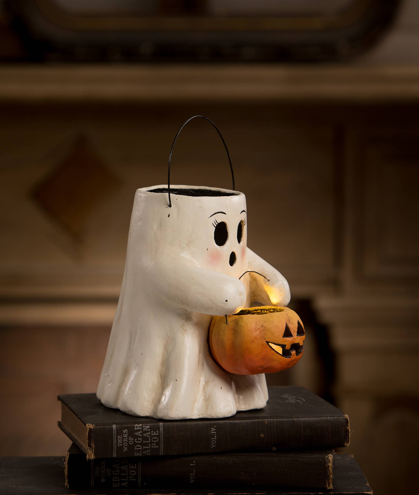 Side view of Bethany Lowe Sweet Boo vintage inspired paper mache Halloween ghost