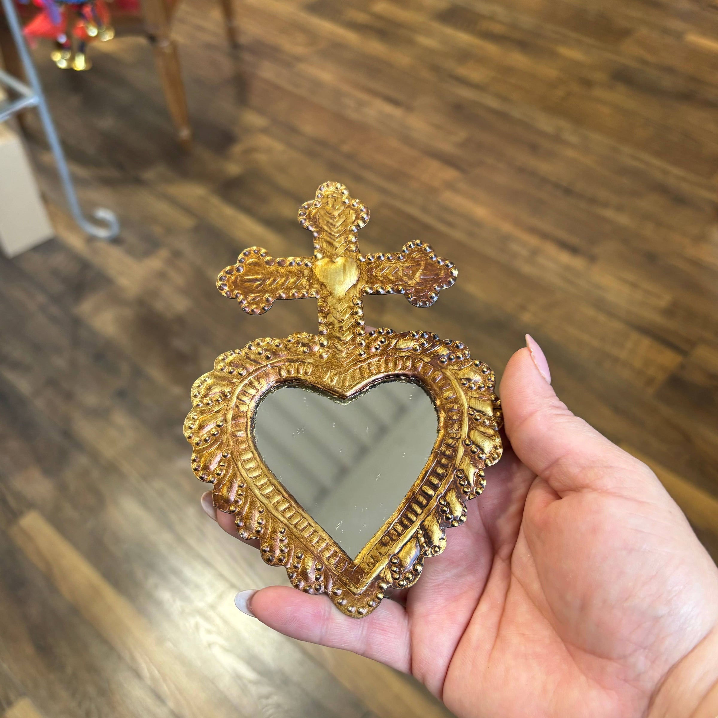 Small Cross on Heart TIn Mirror Handmade