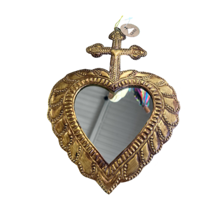 Small Cross on Heart TIn Mirror Handmade