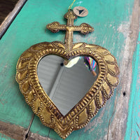 Small Cross on Heart TIn Mirror Handmade