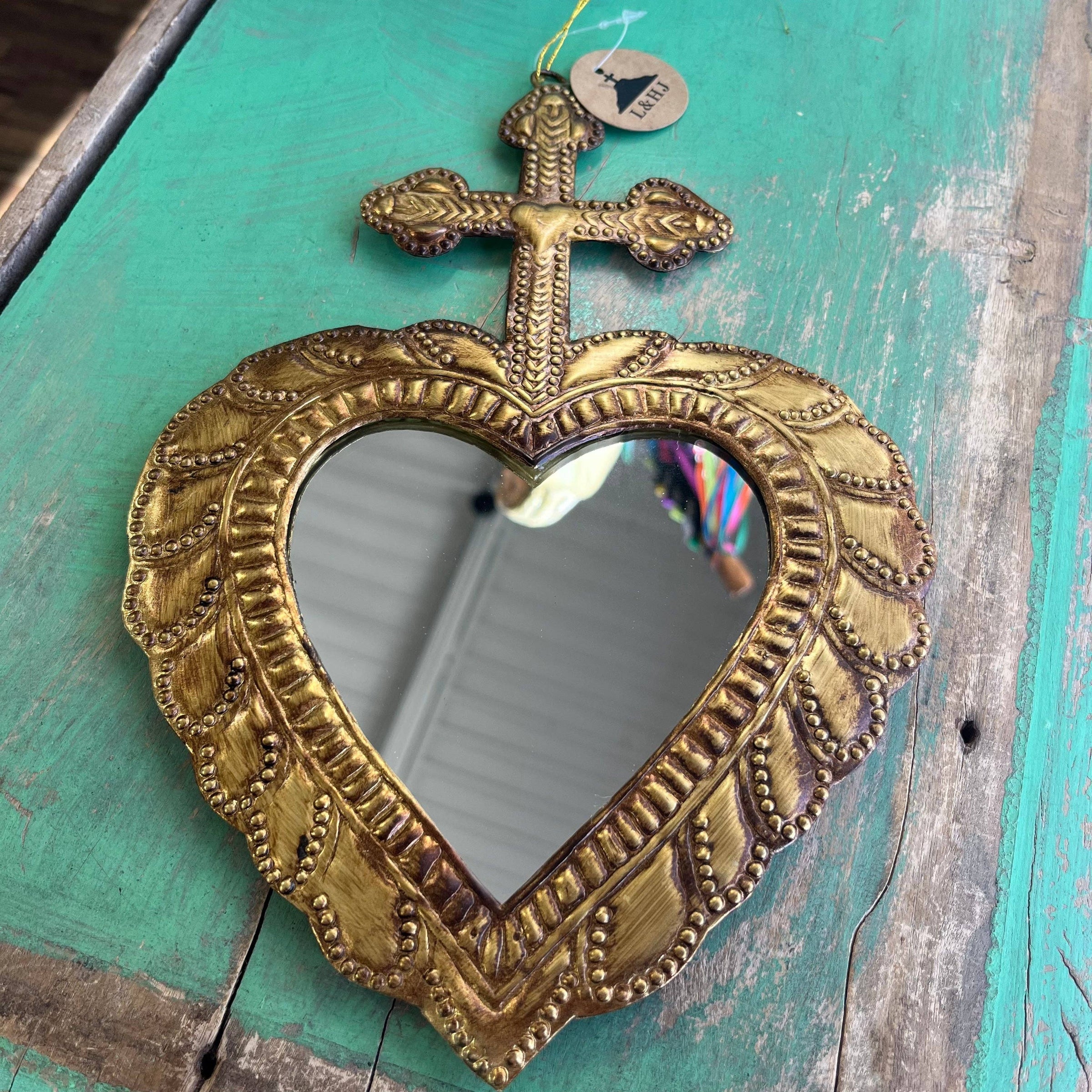 Small Cross on Heart TIn Mirror Handmade
