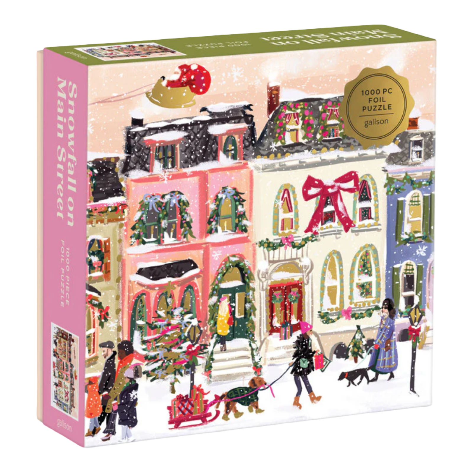 Jigsaw puzzle box with a festive village scene on the cover