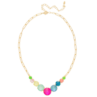 Sorrelli Calista Tennis Necklace with nine colorful faceted crystals on a bright gold-tone paperclip chain