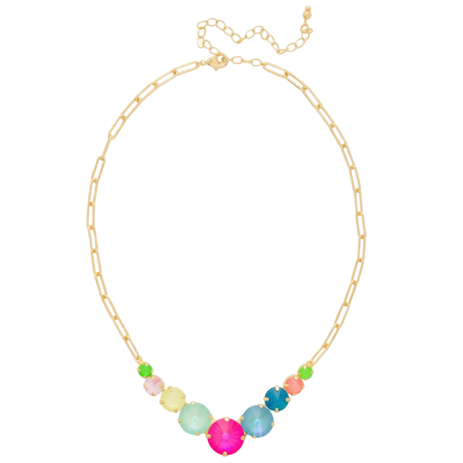 Sorrelli Calista Tennis Necklace with nine colorful faceted crystals on a bright gold-tone paperclip chain