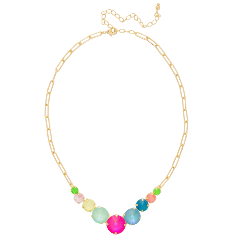 Sorrelli Calista Tennis Necklace with nine colorful faceted crystals on a bright gold-tone paperclip chain