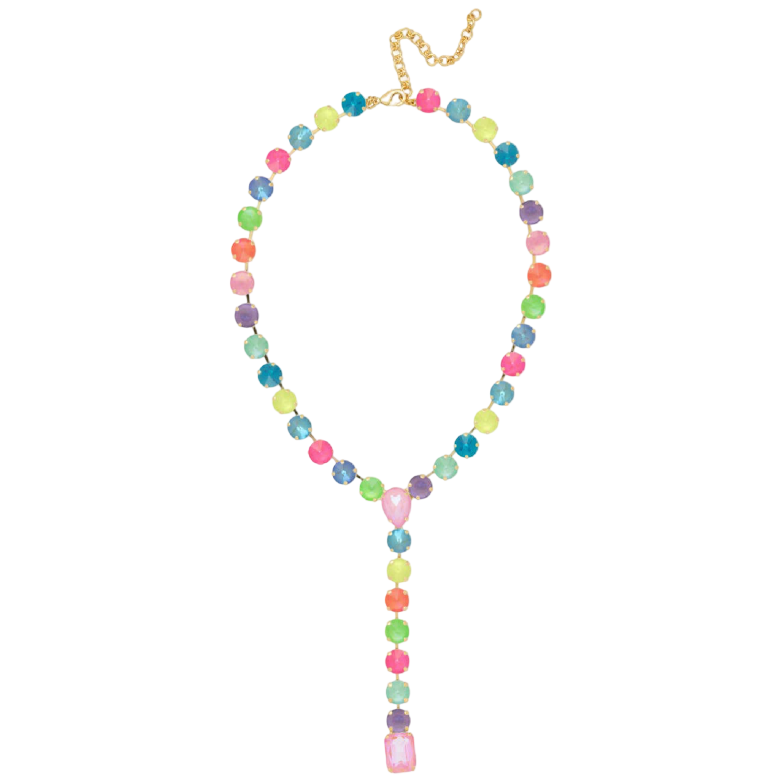 Sorrelli Candy Carnival crystal lariat Y-necklace with yellow, mint, blue, and pink stones in a bright gold-tone finish