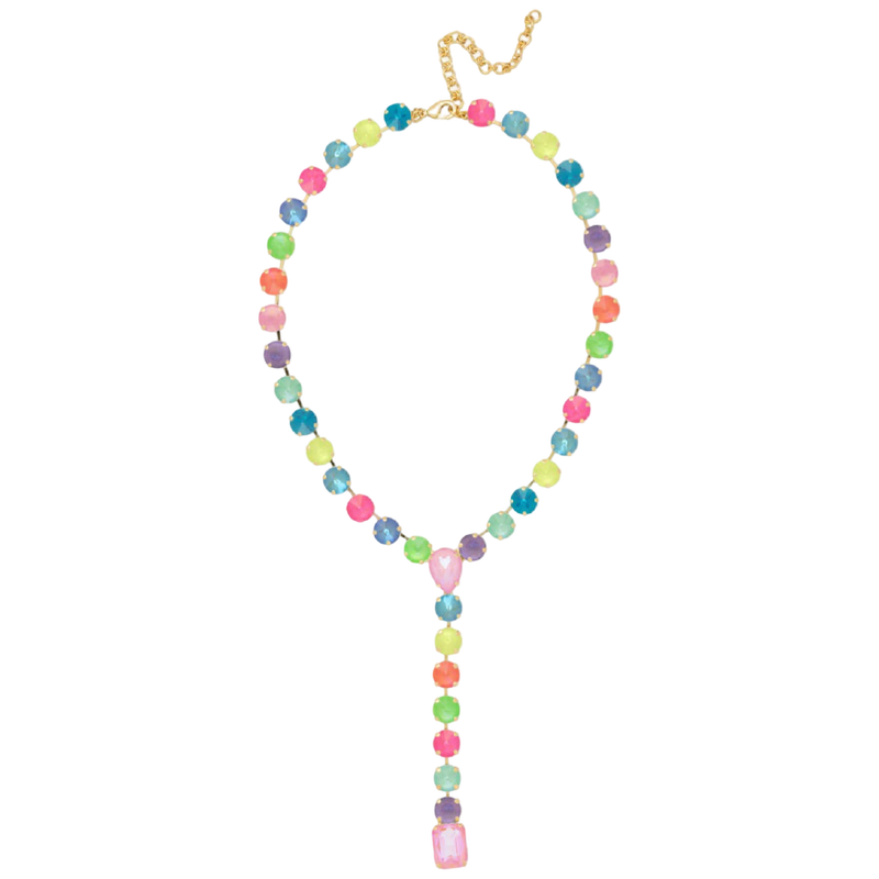 Sorrelli Candy Carnival crystal lariat Y-necklace with yellow, mint, blue, and pink stones in a bright gold-tone finish