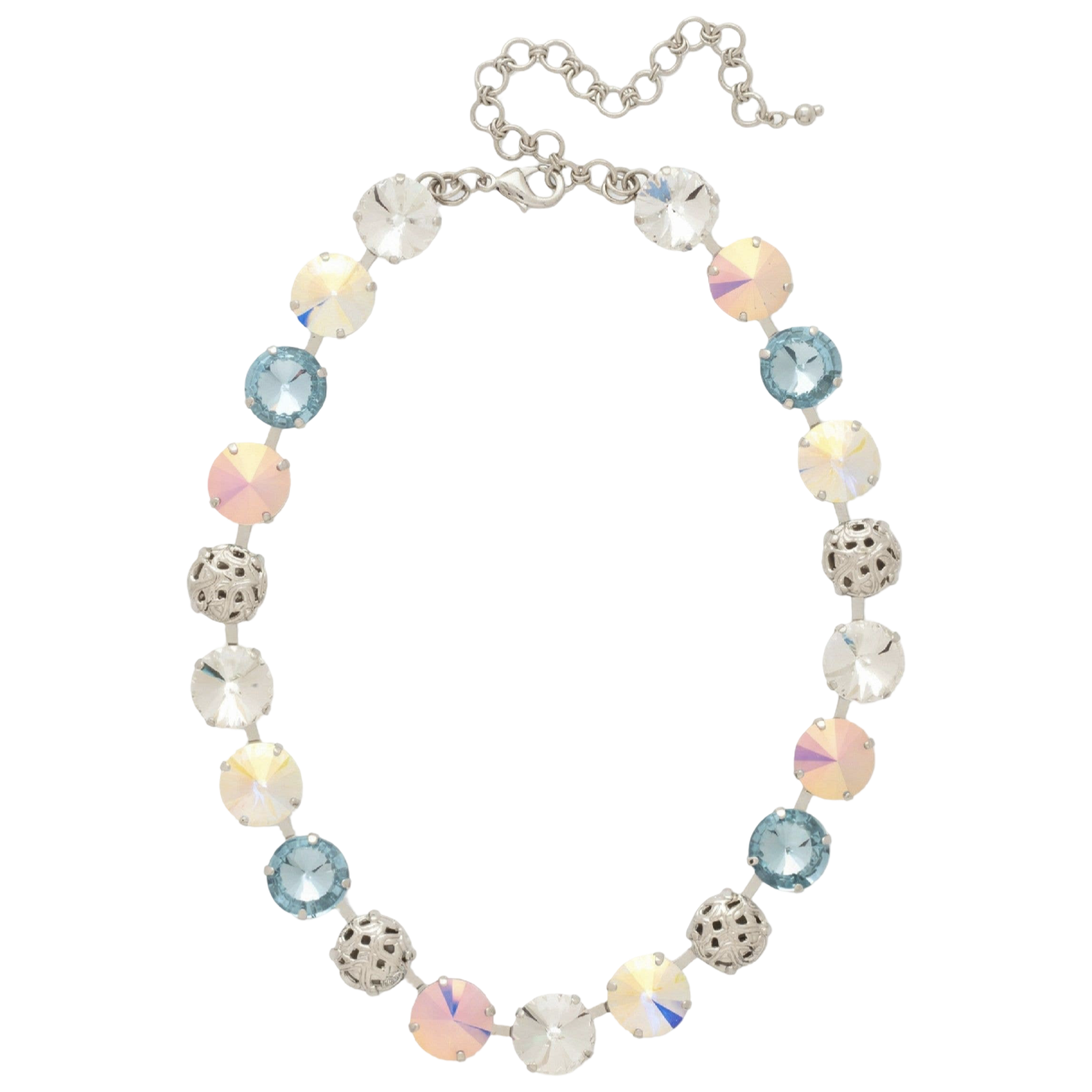 Sorrelli Clementine Tennis Necklace with Rainbow Quartz crystals and filigree spheres in a palladium-tone finish