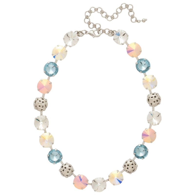 Sorrelli Clementine Tennis Necklace with Rainbow Quartz crystals and filigree spheres in a palladium-tone finish