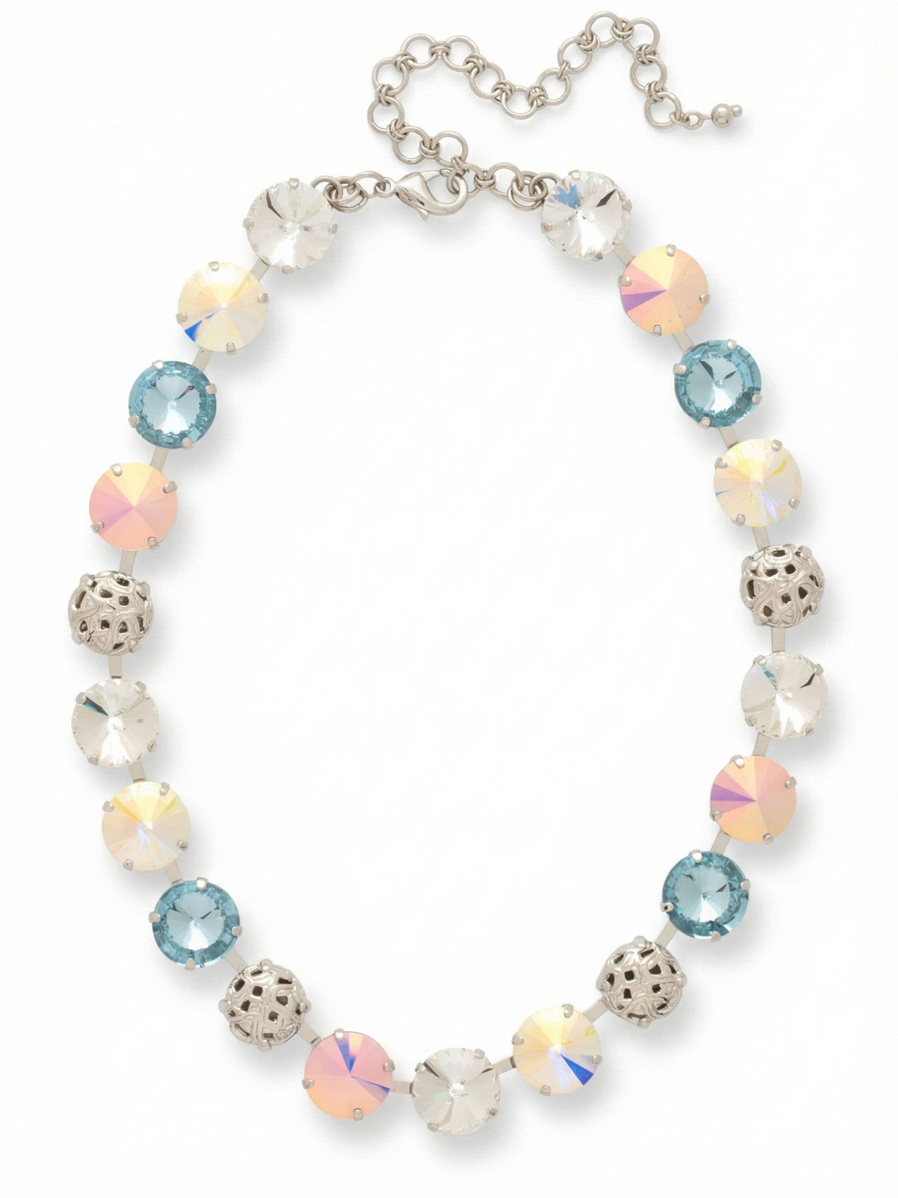Sorrelli Clementine Tennis Necklace with Rainbow Quartz crystals and filigree spheres in a palladium-tone finish