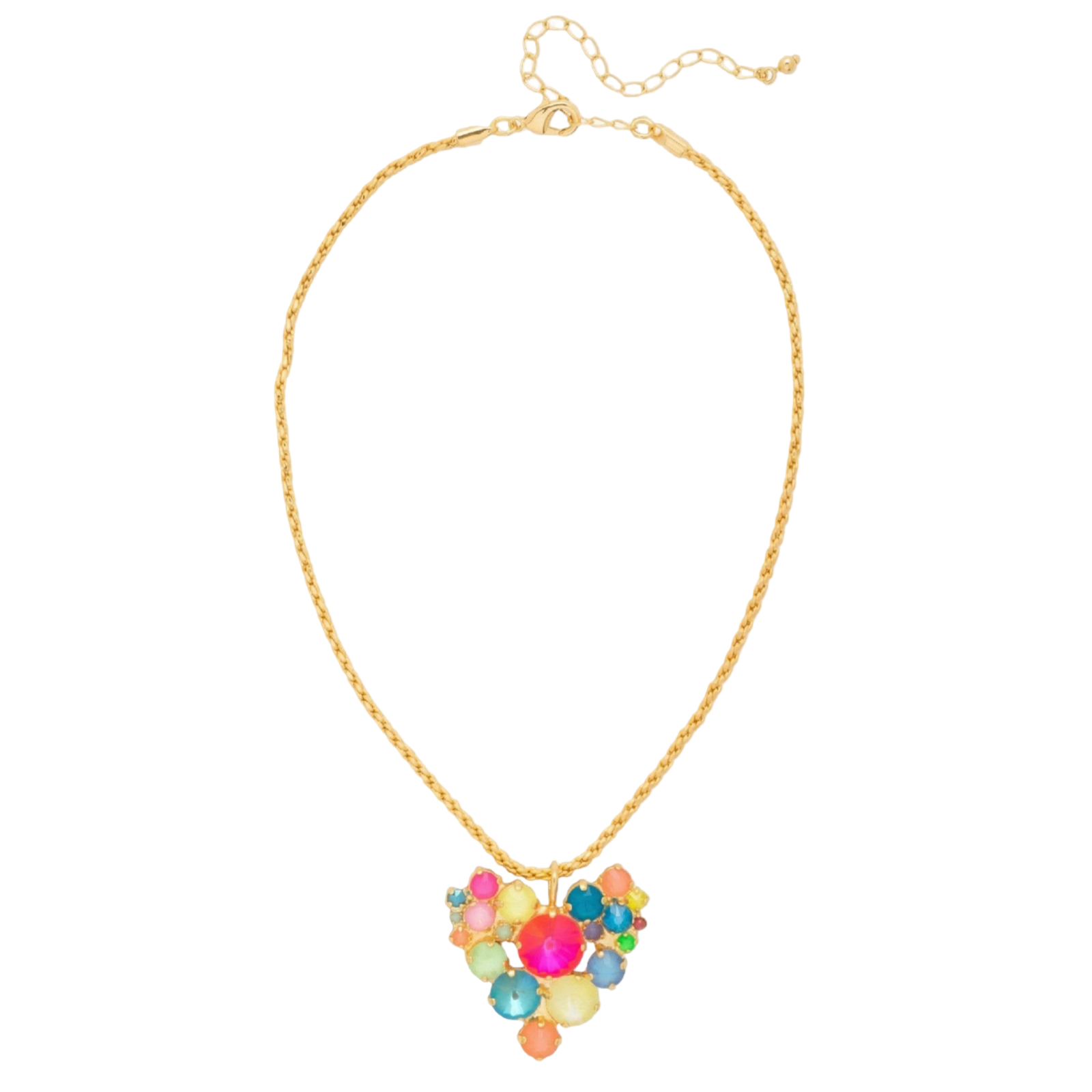 Sorrelli Jolie Heart Pendant Necklace with a multicolored crystal cluster on a sleek snake chain
